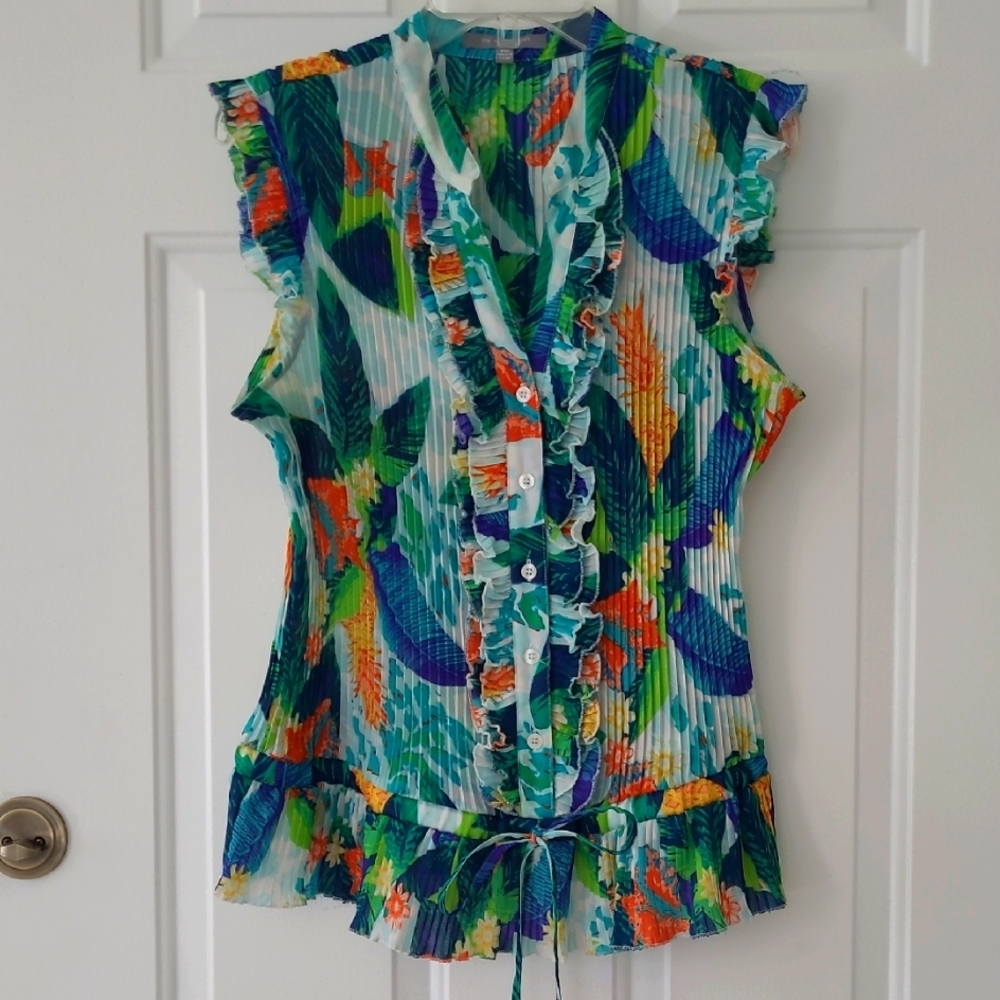 NY Collection Bright Multi Tropical Bright Colors Ruffled Blouse